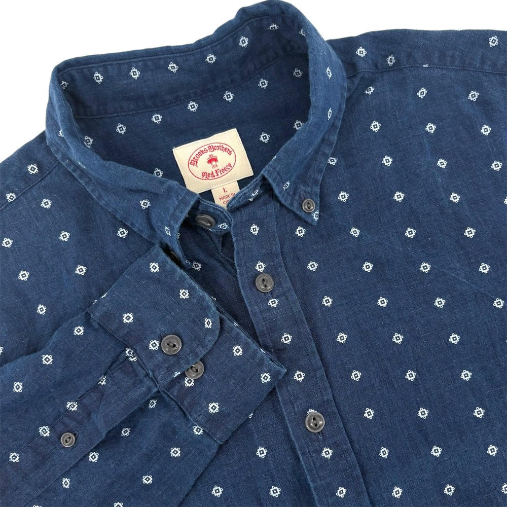 Brooks Brothers Red Fleece Mens L Indigo Linen Cotton Medallion Print Shirt